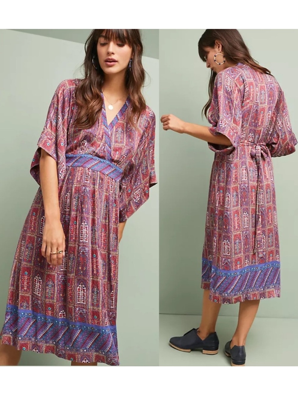 Tiny Anthropologie Omina Kimono Bohemian Print V Neck midi Dress size Medium